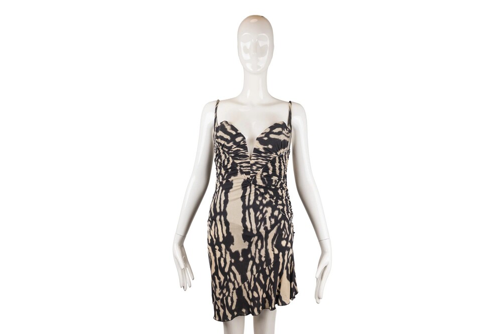 Roberto Cavalli Tan Black Printed Chiffon Bustier Dress and Scarf Set Size S
